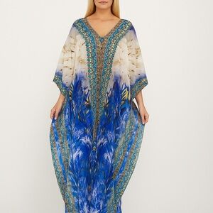 ANA MARIA BY THE BEACH SAKKAS Style Elegant Blue White Embellished Kaftan O/S